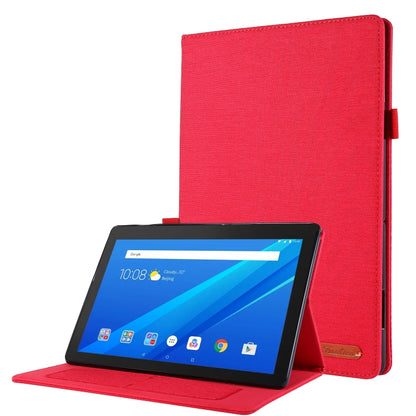 Red fabric folio tablet case with kickstand, tablet angled for viewing.