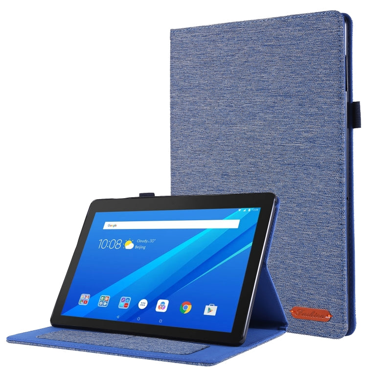 Blue fabric folio tablet case with kickstand, tablet screen visible.