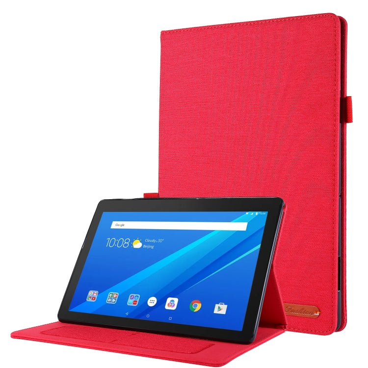 Red fabric folio tablet case with viewing stand, tablet screen on.