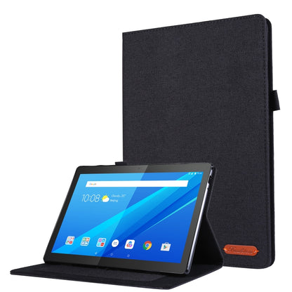 Black fabric TPU tablet protective shell with fold stand, front cover closed over tablet