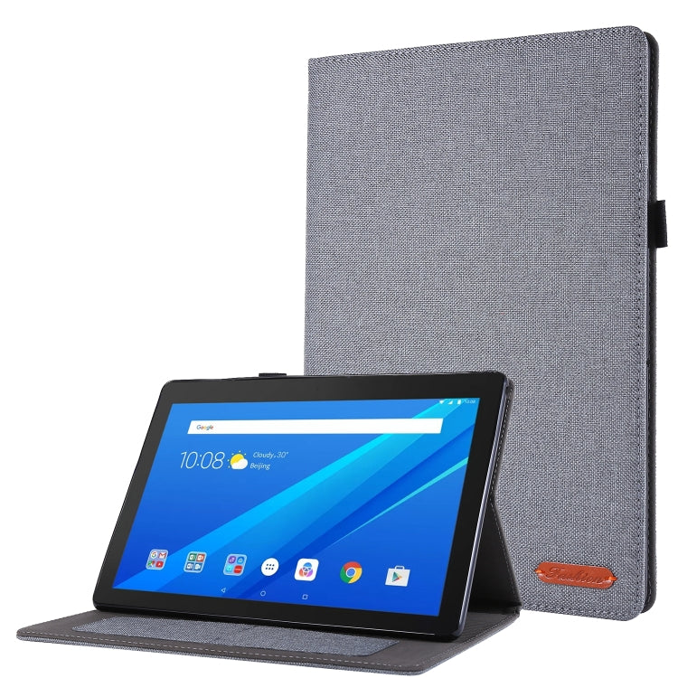 Gray fabric TPU tablet protective shell with stand support, tablet displayed on angled base