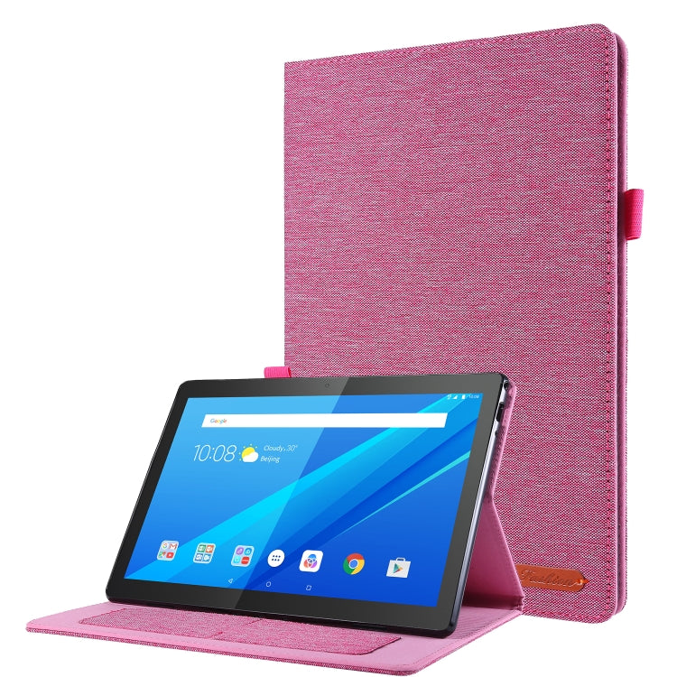 Rose red fabric TPU tablet protective shell, tablet propped on kickstand with cover behind