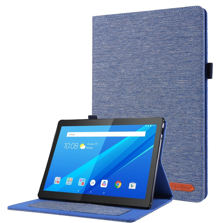 Blue fabric folio tablet case with viewing stand, tablet front shown.