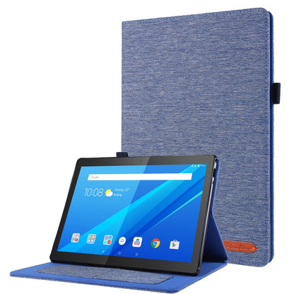 Blue fabric folio tablet case with viewing stand, tablet front shown.