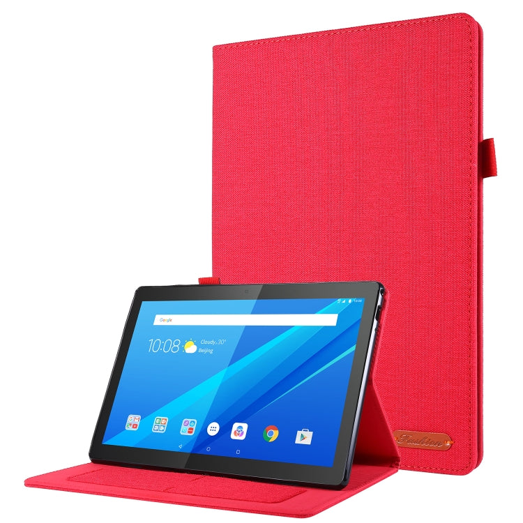 Red fabric folio tablet case with stand, tablet and back cover shown.