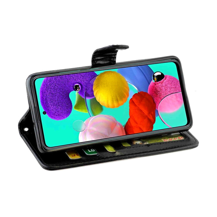 Black leather-style flip phone case with kickstand viewing position