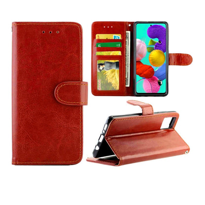 Brown leather-style flip phone case with card slots and folding kickstand