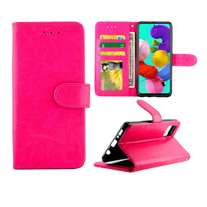 Magenta leather-style flip phone case with card slots and kickstand