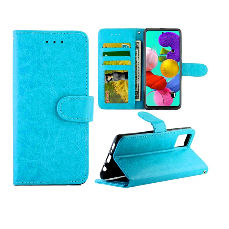 Light blue leather-style flip phone case with card slots and kickstand