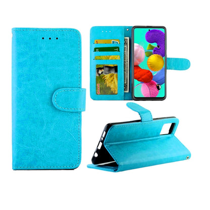 Light blue leather-style flip phone case with card slots and kickstand