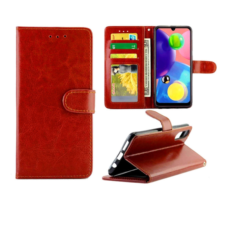 Brown leather flip phone case with card slots, photo window, and stand