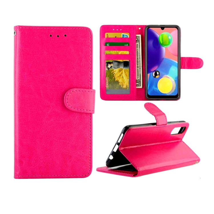 Magenta leather flip phone case with card slots, photo window, and stand