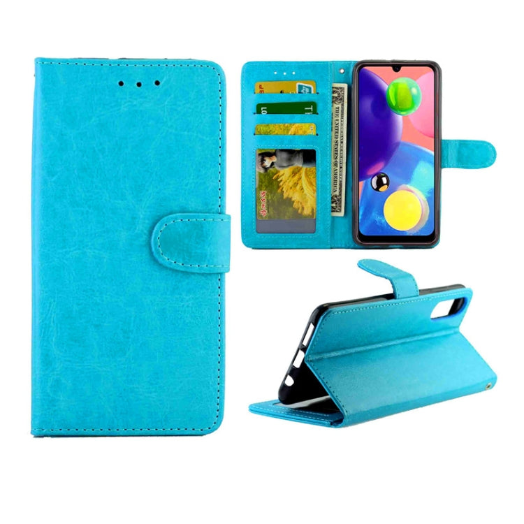 Blue leather flip phone case with card slots, photo window, and stand