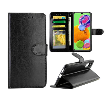 Black leather flip phone case with card slots, photo window, and stand