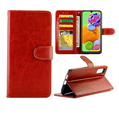 Red-brown leather flip phone case with card slots, photo window, and stand