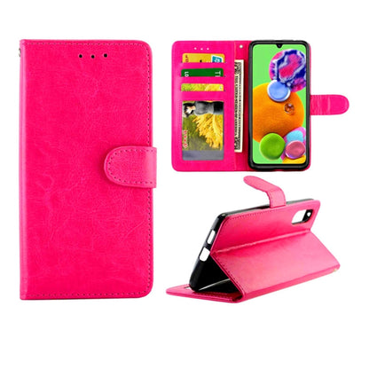 Bright pink leather flip phone case with card slots, photo window, and stand