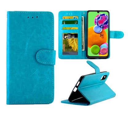 Turquoise leather flip phone case with card slots, photo window, and stand