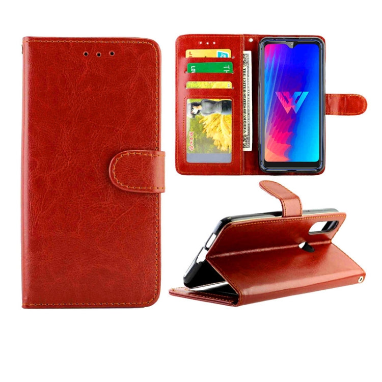 Red leather flip phone case with card slots, photo window, and stand