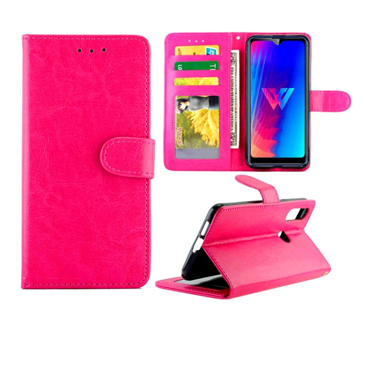Hot pink leather flip phone case with card slots, photo window, and stand
