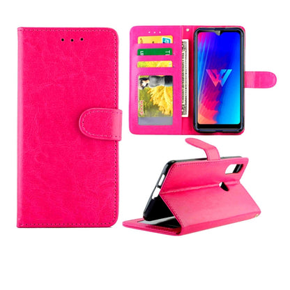 Hot pink leather flip phone case with card slots, photo window, and stand