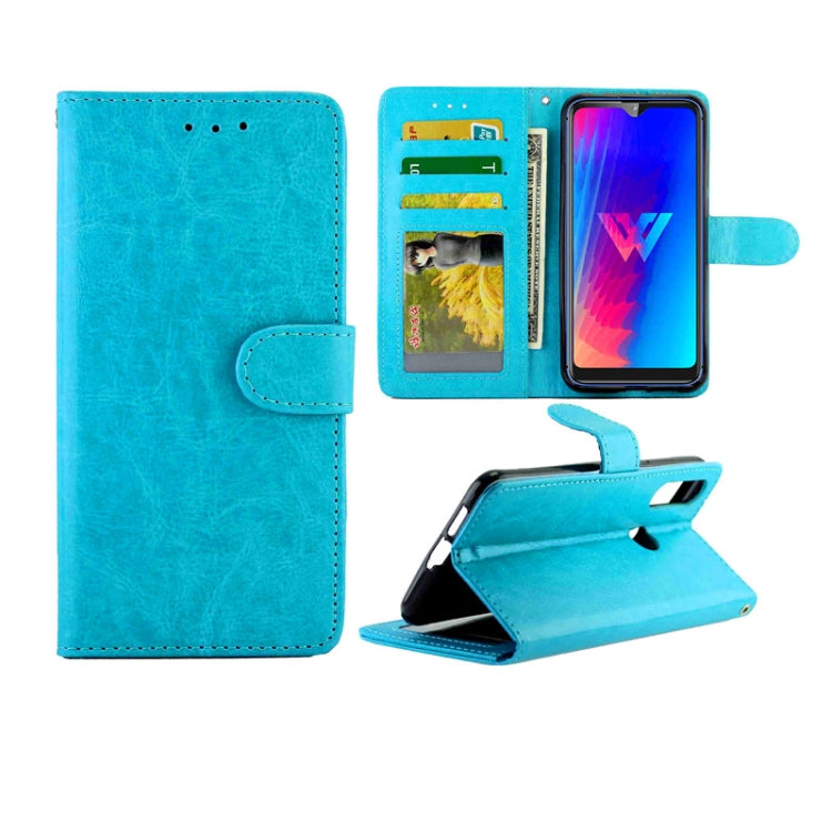 Blue leather wallet flip phone case with card slots, photo holder, and kickstand