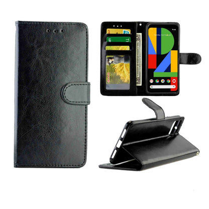 Dark leather flip phone case with card slots, holder window, and stand