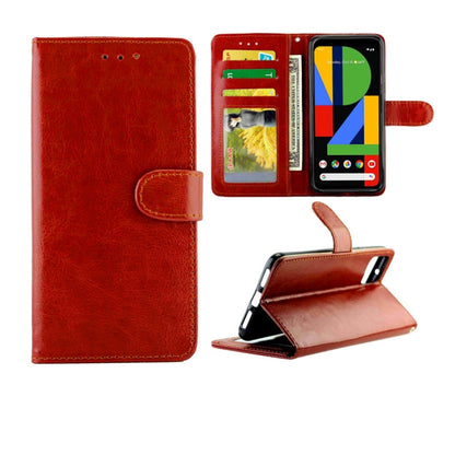 Red leather wallet flip phone case with card slots, holder window, and stand