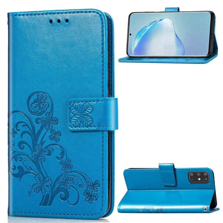 Phone folio case with pressed flower pattern, card slots, and kickstand; blue leather.