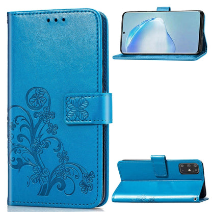 Phone folio case with pressed flower pattern, card slots, and kickstand; blue leather.
