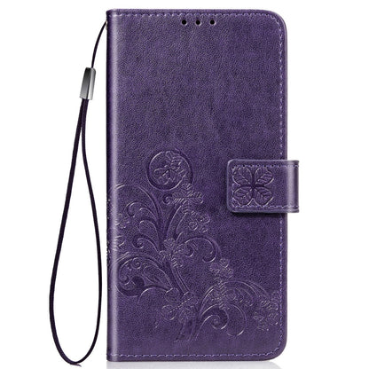 Purple floral embossed leather phone wallet case with wrist strap and flip cover