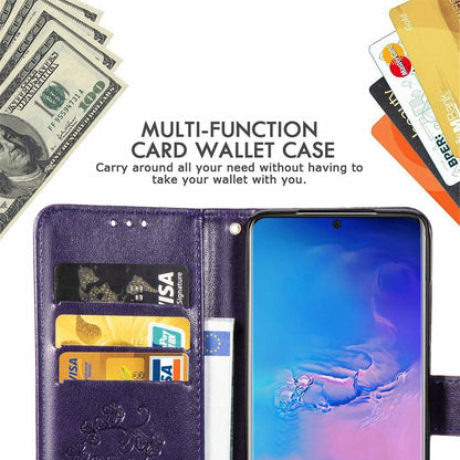 Purple floral leather phone wallet case with built-in card slots and inner holder