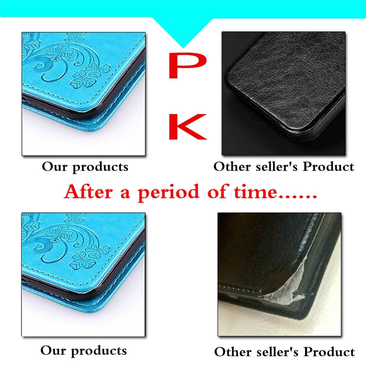 Blue leather phone wallet case with embossed pattern and stitched flap detail