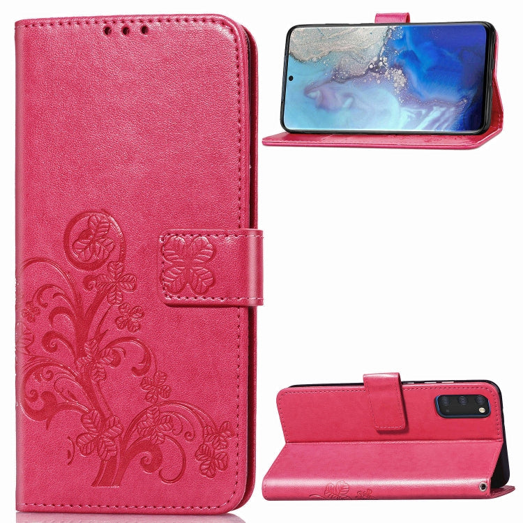 Rose red phone folio case with pressed flower pattern, card slots, and kickstand stand.