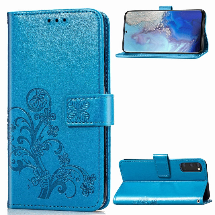 Blue leather phone folio case with pressed flower design, card slots, and kickstand.