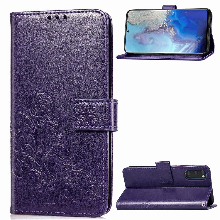 Purple phone wallet folio case with pressed flower embossing, card slots, and standing cover.