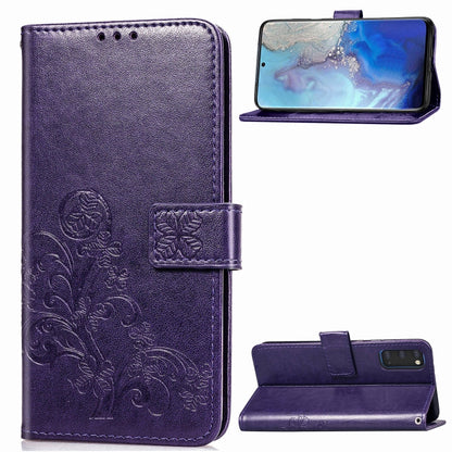 Purple phone wallet folio case with pressed flower embossing, card slots, and standing cover.