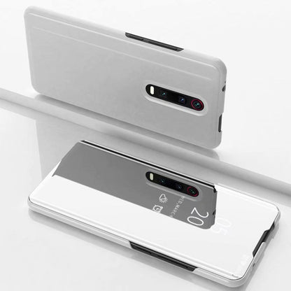 Silver flip phone case with mirror-style back and built-in stand, for Redmi K30
