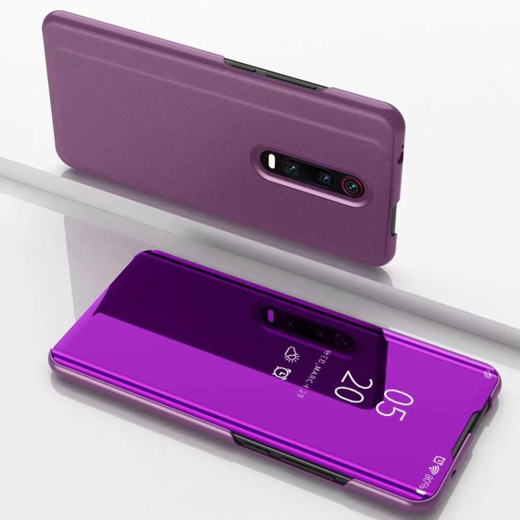 Purple horizontal flip phone case with mirrored stand and cutouts for camera and ports
