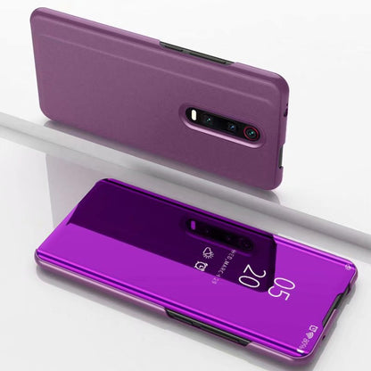 Purple horizontal flip phone case with mirrored stand and cutouts for camera and ports
