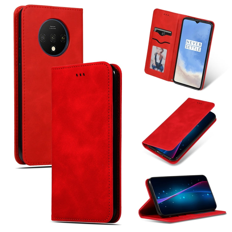 Red magnetic flip leather wallet case with card pocket for phone, horizontal view