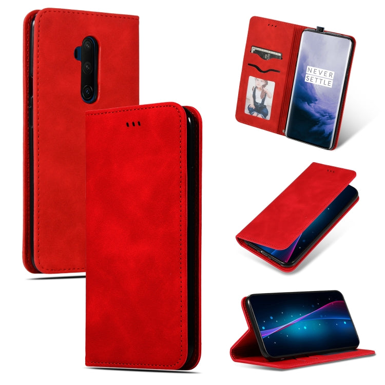 Red leather flip phone case with card slot window and camera cutout