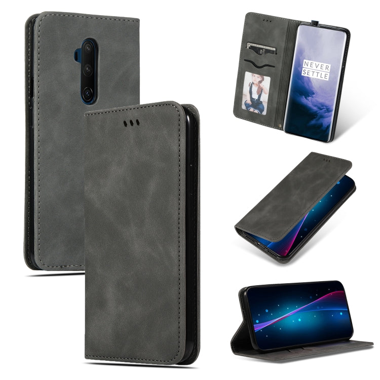 Dark gray leather flip phone case with card slot window and camera cutout