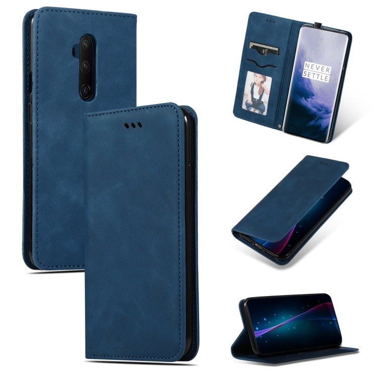 Navy blue leather flip phone case with card slot window and camera cutout