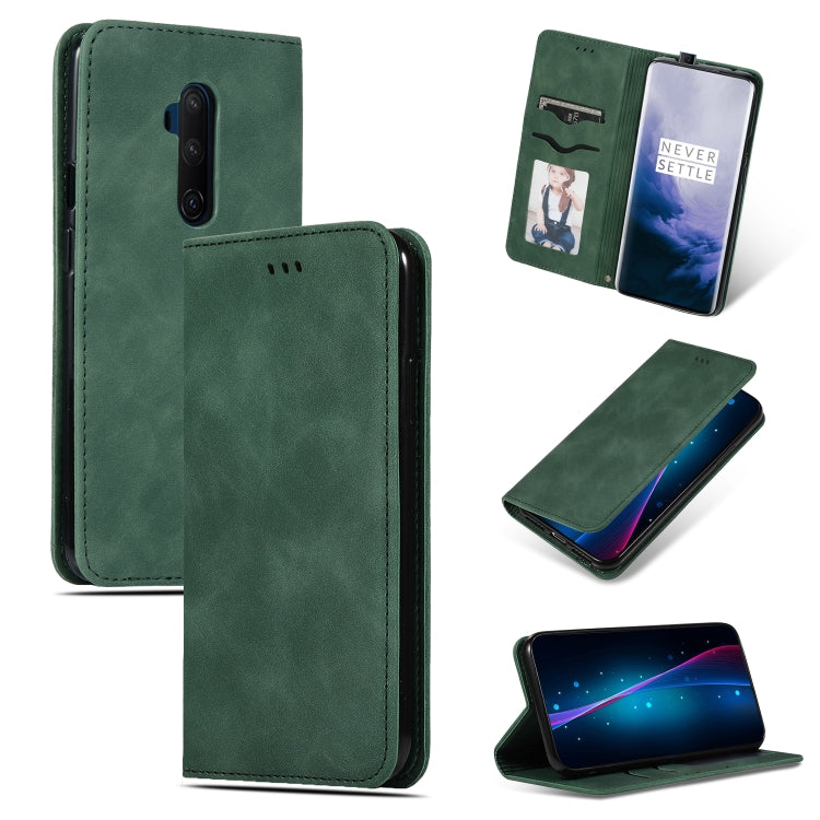 Green leather flip phone case with card slot window and camera cutout