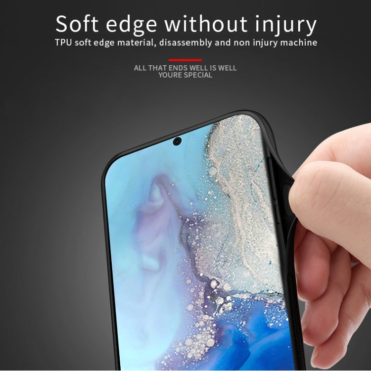 Black shockproof phone case with soft edges; finger near top bezel opening