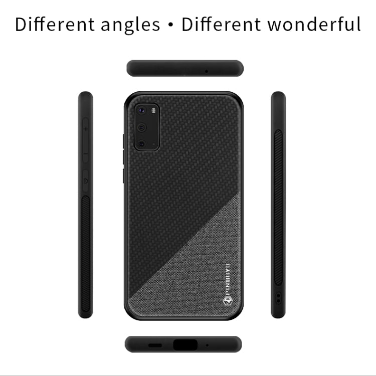 Black textured shockproof phone case shown from multiple angles with diagonal design
