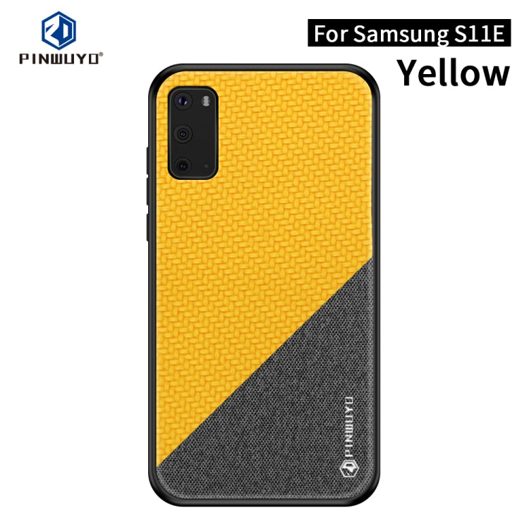 PINWUYO phone case with yellow and dark gray diagonal textured panels, camera cutout.