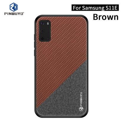 PINWUYO phone case with brown and dark gray diagonal textured panels, camera cutout.