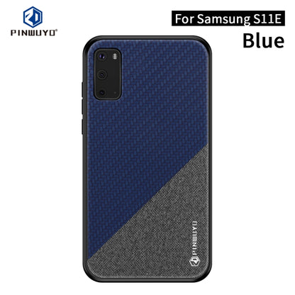 PINWUYO phone case with blue and dark gray diagonal textured panels, camera cutout.
