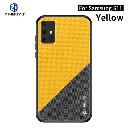 PINWUYO phone case with yellow and dark gray diagonal texture, camera lens and flash openings.